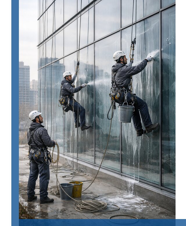 Промышленная мойка панорамных окон на высоте в Полысаеве