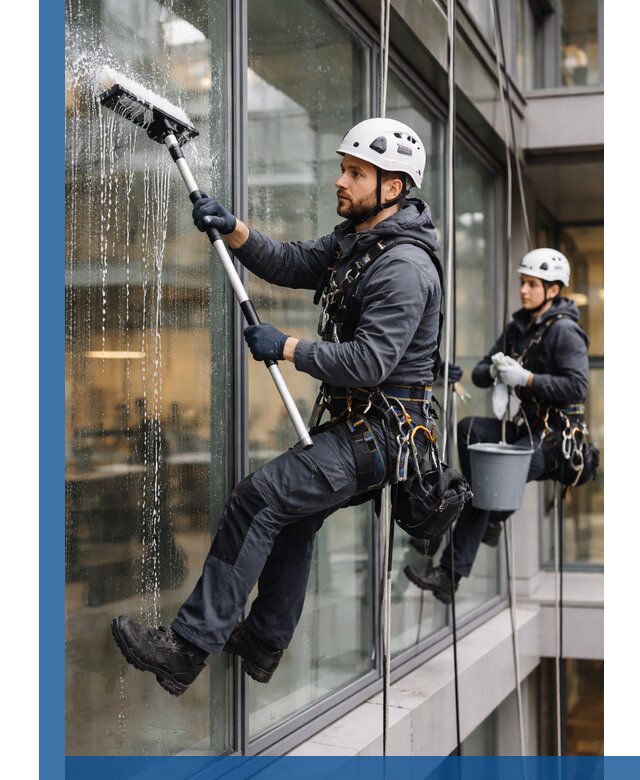 Профессиональная мойка витражей промышленными альпинистами в Полысаеве