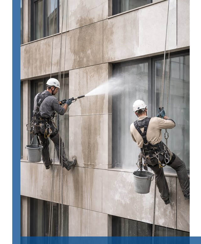 Послестроительная мойка фасада промышленным альпинизмом в Полысаеве