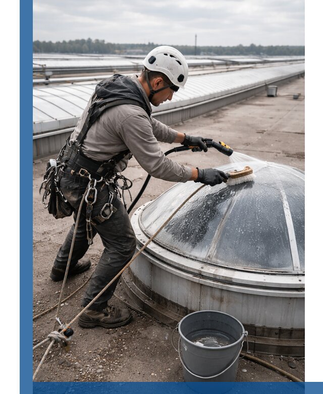 Мойка зенитных фонарей на кровле для промышленных объектов в Полысаеве