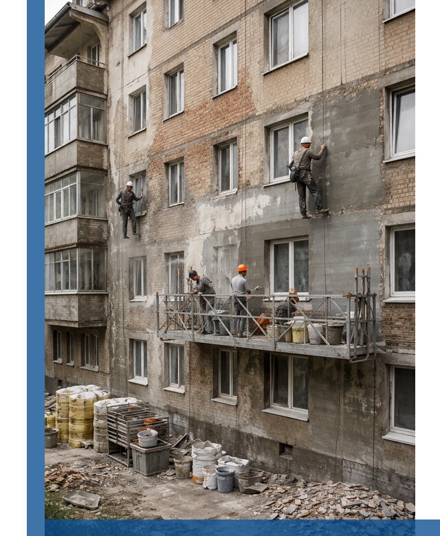 Капитальный ремонт фасада в Полысаеве с восстановлением и гидроизоляцией