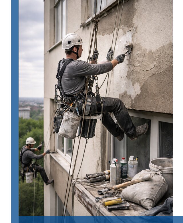 Косметический ремонт фасада зданий в Полысаеве промышленными альпинистами