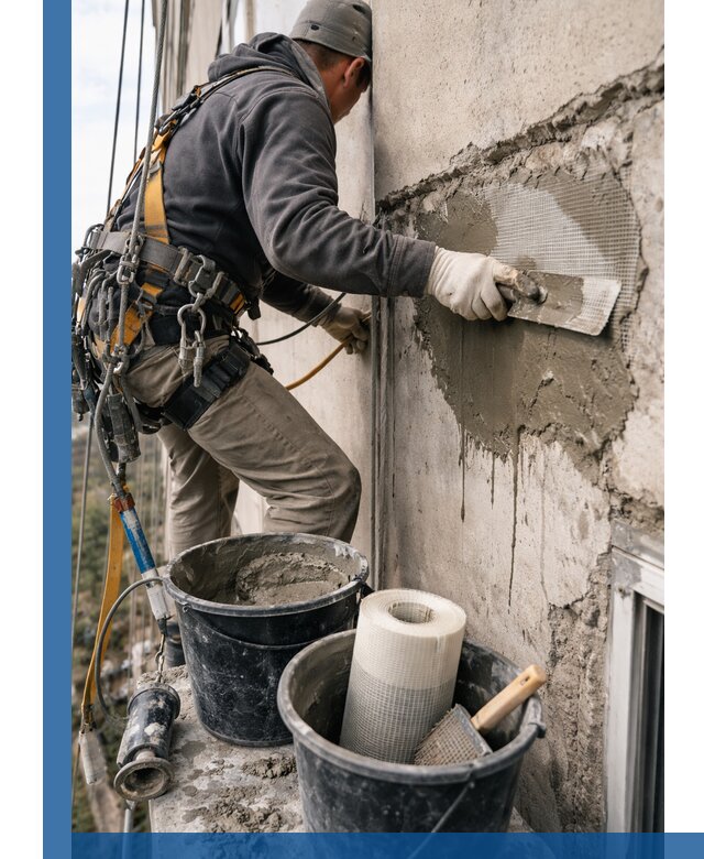 Ремонт бетонных элементов фасада промышленными альпинистами в Полысаеве