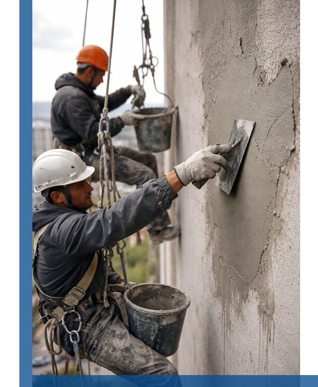 Штукатурка фасада на высоте в Полысаеве профессиональные работы