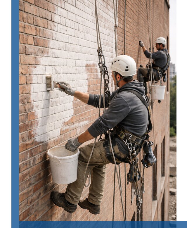 Покраска кирпичного фасада с доступным альпинистским сервисом в Полысаеве