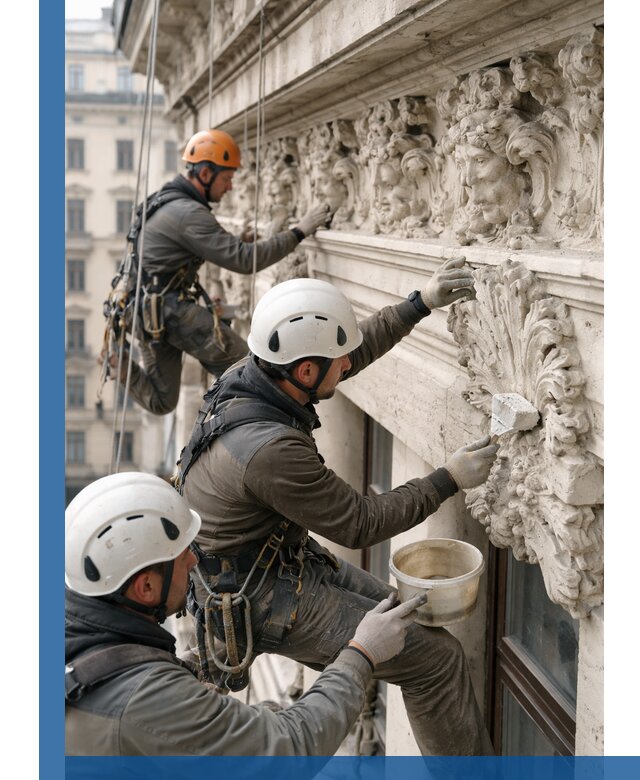 Реставрация фасадной лепнины с высотными работами в Полысаеве