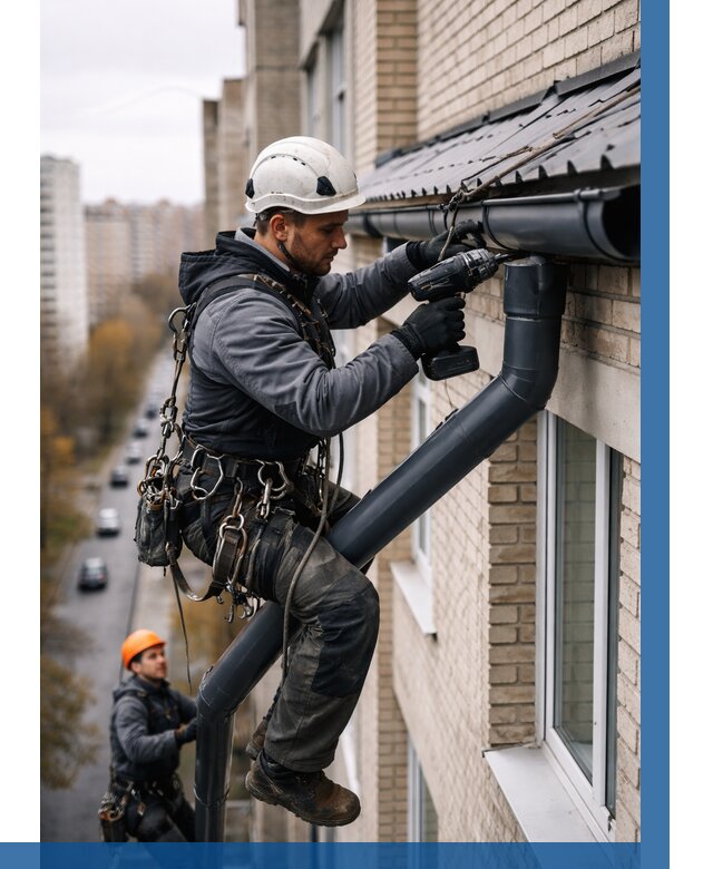 Монтаж водосточной системы на здании в Полысаеве от 5142 р. | ВЫСОТНИК-Плс