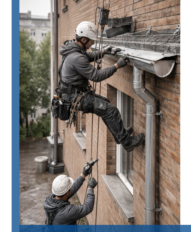 Монтаж водосточной системы на здании в Полысаеве под ключ