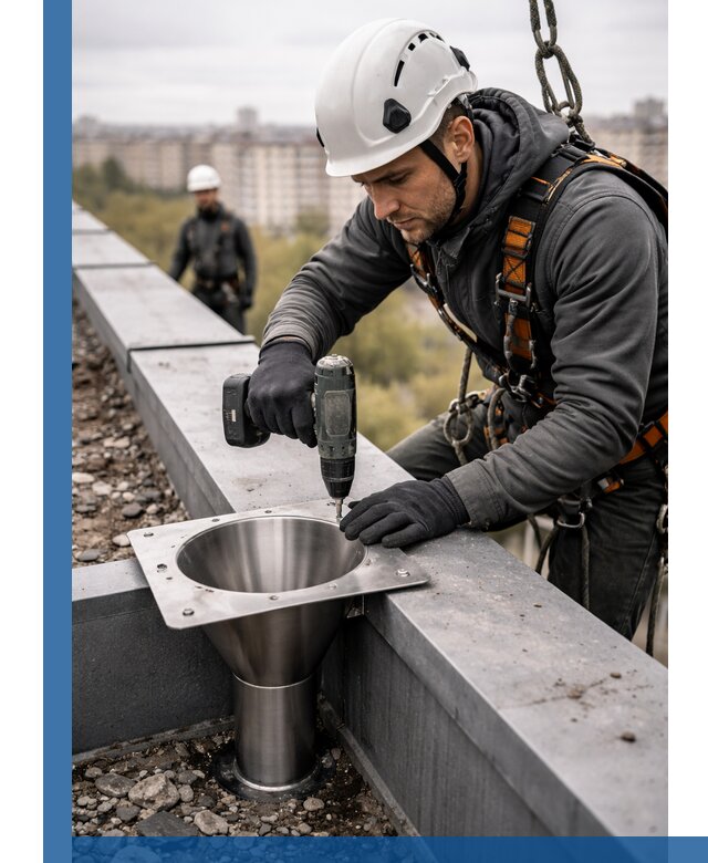 Монтаж водосточных воронок в Полысаеве для промышленных зданий