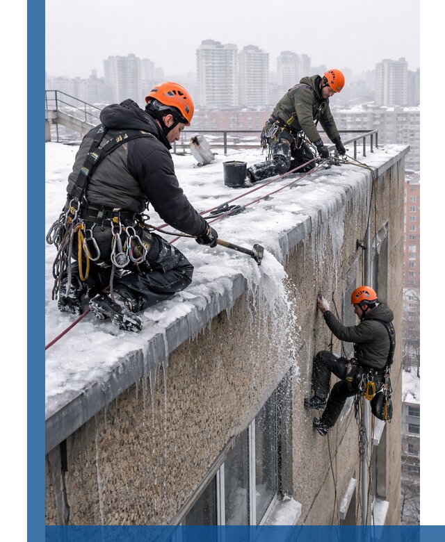 Удаление наледи с кровли в Полысаеве промышленными альпинистами