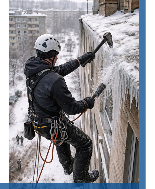 Сбивание сосулек с крыши в Полысаеве по цене от 4627 р. | ВЫСОТНИК-Плс