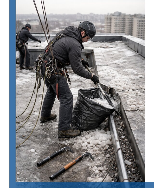 Аварийная очистка кровли в Полысаеве от промальпинистов