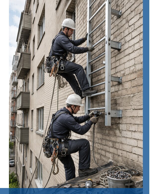 Монтаж пожарной лестницы в Полысаеве от 25708 р заказать у ВЫСОТНИК-Плс