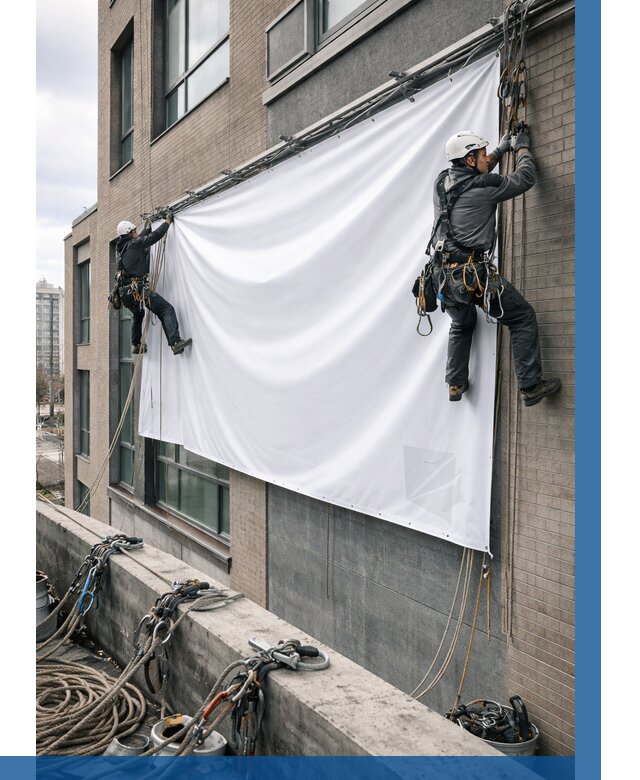 Монтаж баннеров на фасаде в Полысаеве от 668 р. заказать ВЫСОТНИК-Плс