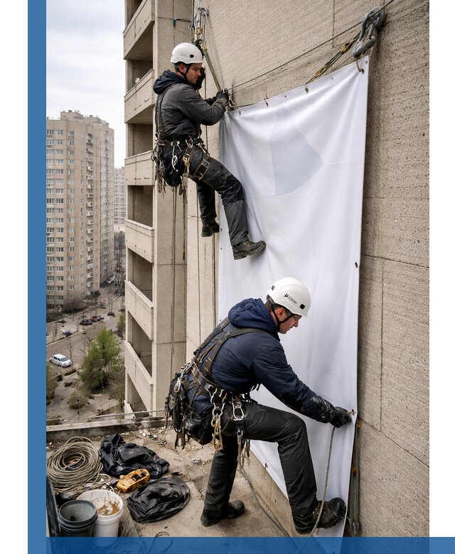 Профессиональный монтаж баннеров на фасаде в Полысаеве