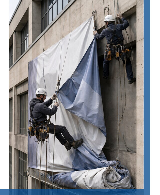 Демонтаж баннеров с фасада в Полысаеве от 4627 р. | ВЫСОТНИК-Плс