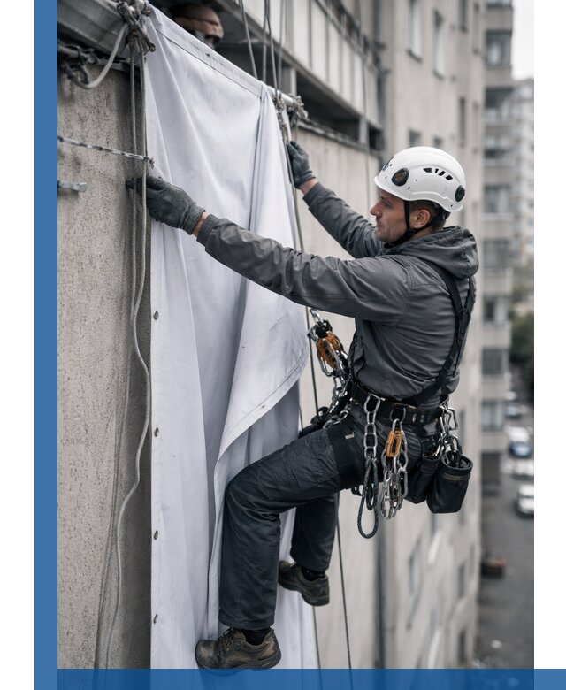 Замена баннерного полотна промышленными альпинистами в Полысаеве