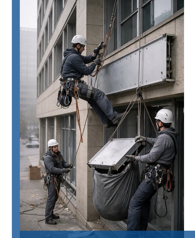 Демонтаж рекламной вывески с высотными работами в Полысаеве