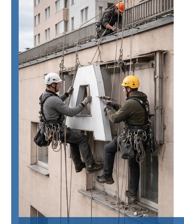 Ремонт и восстановление наружных вывесок на высоте в Полысаеве