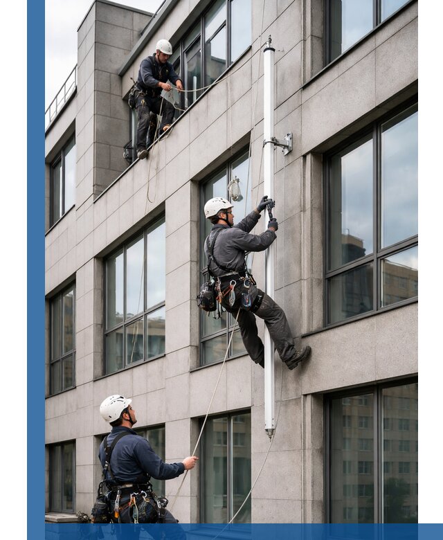Монтаж флагштока на фасаде здания с креплением и герметикой в Полысаеве