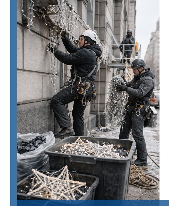 Демонтаж новогоднего оформления и гирлянд в Полысаеве