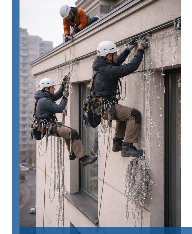 Монтаж праздничных гирлянд на фасаде в Полысаеве для зданий