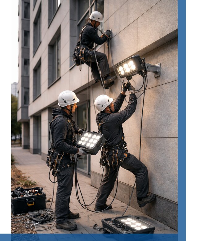 Монтаж прожекторов на фасаде в Полысаеве от 7712 р. | ВЫСОТНИК-Плс