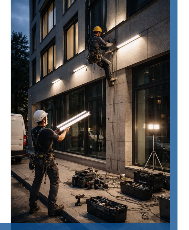 Монтаж архитектурной подсветки здания в Полысаеве от 2571 р.|ВЫСОТНИК-Плс