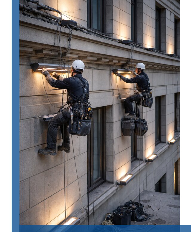 Монтаж архитектурной подсветки фасадов зданий в Полысаеве