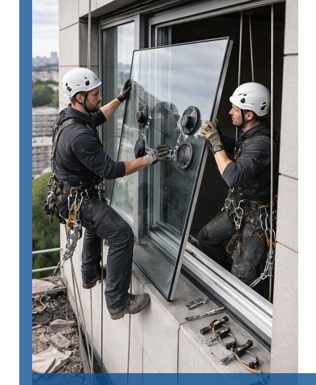 Замена стеклопакетов на высоте с промышленными альпинистами в Полысаеве