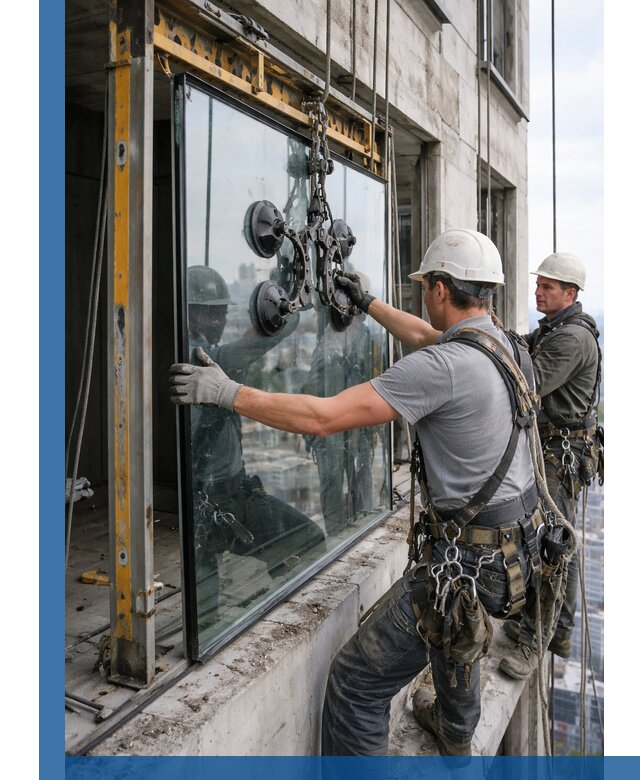 Монтаж стеклопакетов на высоте в Полысаеве с промышленным альпинизмом
