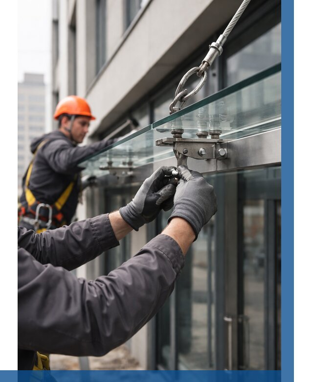 Монтаж стеклянных козырьков в Полысаеве от 8741 р. | ВЫСОТНИК-Плс