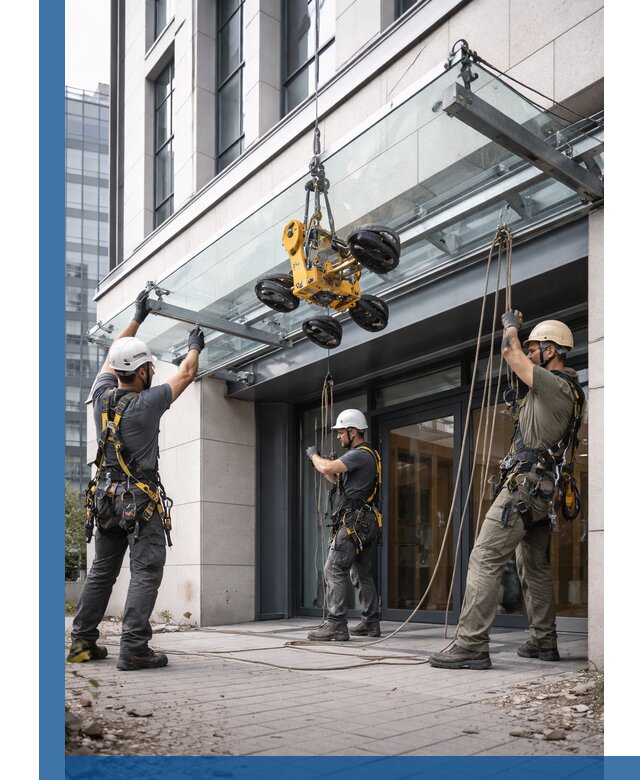 Монтаж стеклянных козырьков под ключ в Полысаеве для зданий