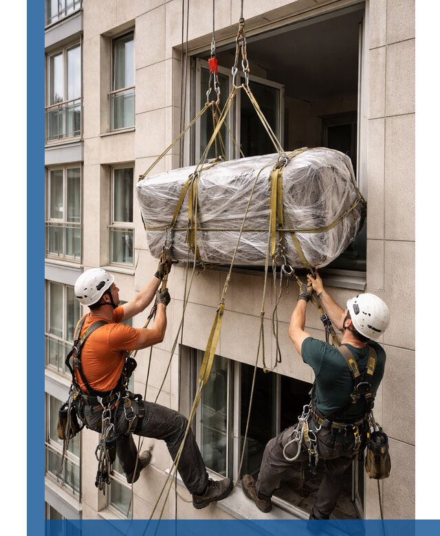 Подъем грузов через окно в Полысаеве промышленными альпинистами