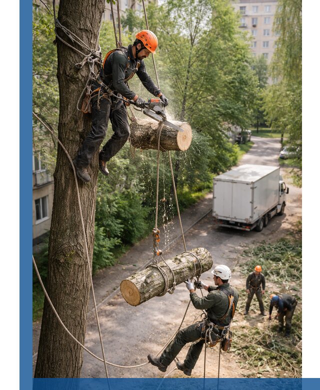 Спил деревьев альпинистами в Полысаеве, безопасно и без повреждений