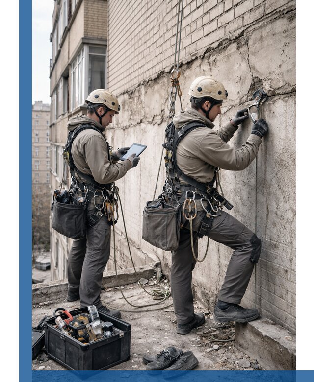 Обследование фасада промышленными альпинистами в Полысаеве