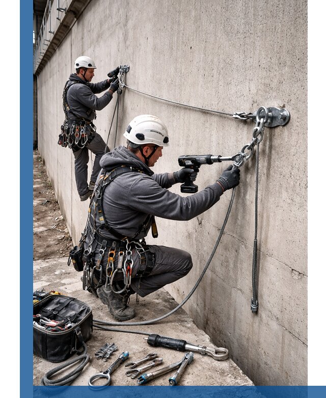 Монтаж анкерных линий высотной безопасности в Полысаеве